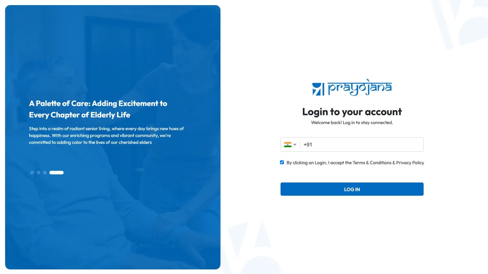 Prayojana sign-in surface with the service tagline on the left and a phone-number login on the right.