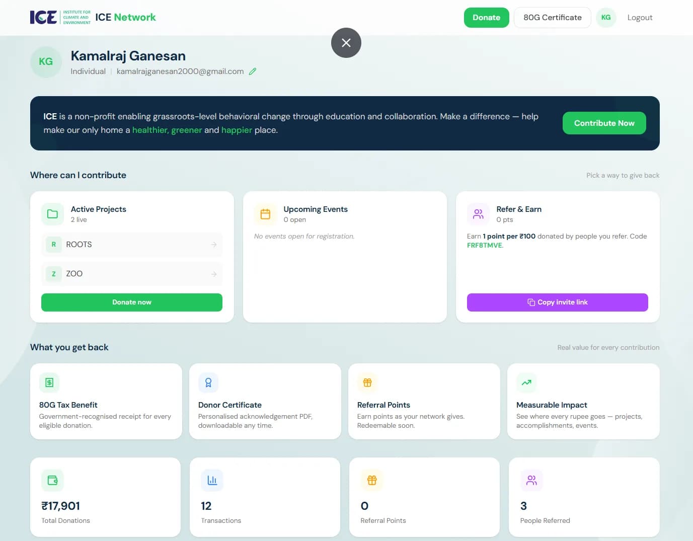 ICE Network donor dashboard showing where to contribute, upcoming events, referral rewards, and running impact totals.